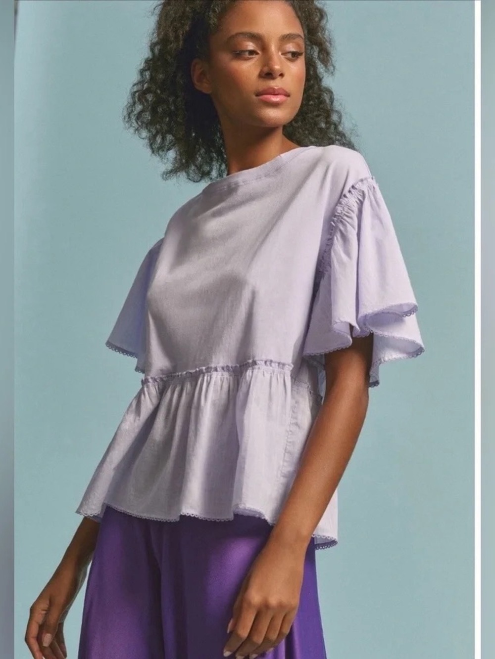 Anthropologie- Light Lavender Ruffled Peplum Top - Women